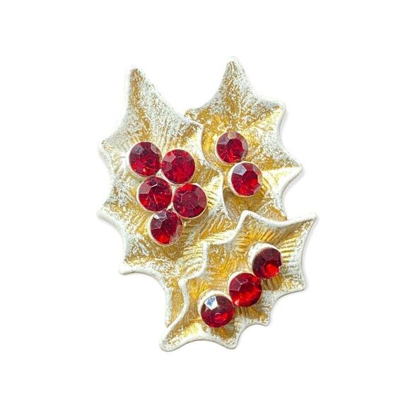 White and gold metal poinsettia pin with dark red rhinestones all intact marked - Picture 3 of 16